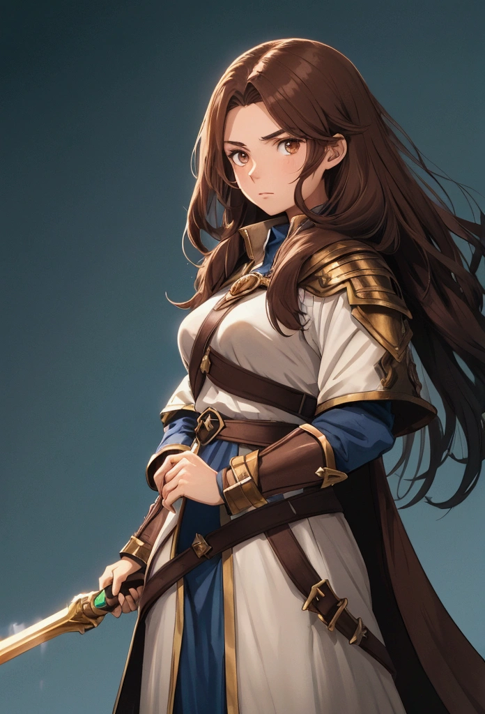 full portrait, simple female wizard, long brown hair, battle hardened, calmly standing, early 20s, brown eyes, plain and simple blue background, shining force style