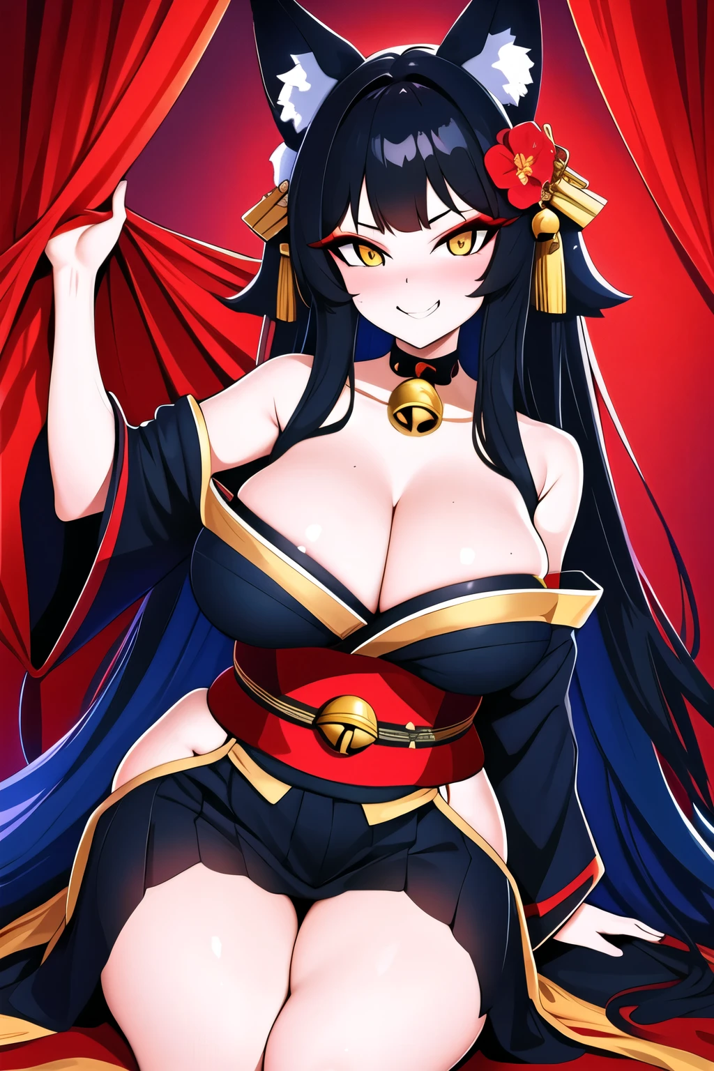 {{amazing quality, highres}}, {{{best quality}}}, {{{Very aesthetic}}},Ilya kuvs s, fox ears, bell collar, gigant , thick thighs, mischievous smile, small bows in the hair, defined waist, accentuated curves, sharpness, bright colors, {{fox ears}}, very long wavy hair, long black hair, wearing a traditional black kimono decorated with red flowers, half open, huge breats, sensual woman, curious smille,