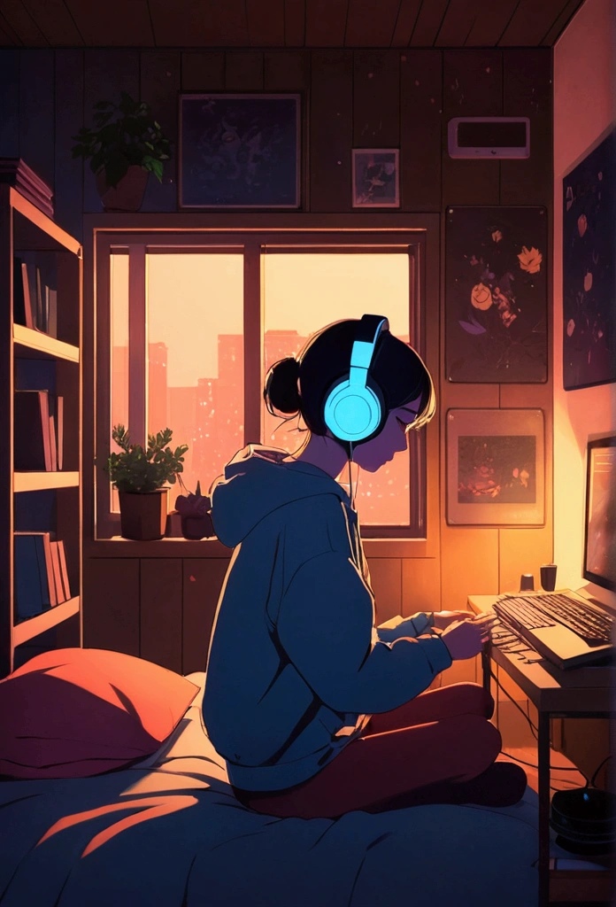 night、Girl listening to music in a cozy room, Using headphones, 2D-style animation, Lo-Fi, hard disk, Dark Environment