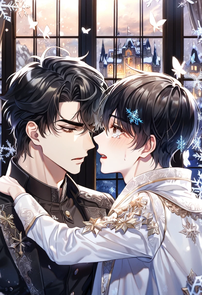(absurdres, highres, ultra detailed, HDR) master piece, best quality, extremely detailed face, delicated features, Yoo Joonghyuk holding Kim Dokja in his arms, black hair, expressive brown eyes, Omniscient Reader's Viewpoint, two men together, yaoi, gay couple, dying, clothes stained with blood, sadness, tears, crying, black coat, white coat, castle, window, snow, snowflakes, ice butterflies