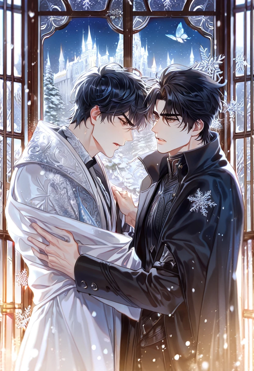 (absurdres, highres, ultra detailed, HDR) master piece, best quality, extremely detailed face, delicated features, Yoo Joonghyuk holding Kim Dokja in his arms, black hair, expressive brown eyes, Omniscient Reader's Viewpoint, two men together, yaoi, gay couple, dying, clothes stained with blood, sadness, tears, crying, black coat, white coat, castle, window, snow, snowflakes, ice butterflies
