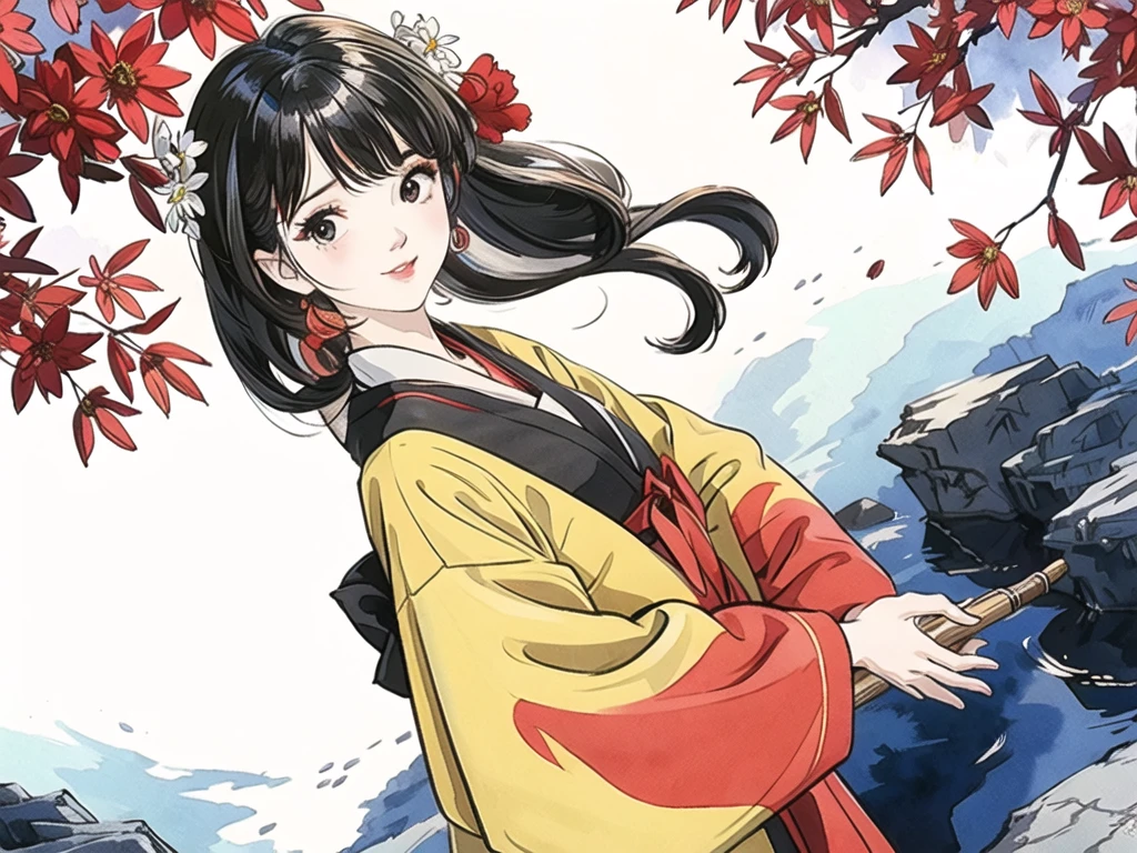 stechu,(white background:1.4), ((tachi-e)), original,(illustration:1.1),(best quality),(masterpiece:1.1),(extremely detailed CG unity 8k wallpaper:1.1), (colorful:0.9),(panorama shot:1.4),(solo:1.2), (ink splashing),(color splashing),((watercolor)), clear sharp focus,{ 1girl standing },((korean style )),flower background,outdoors,rocks, looking at viewer, soft smile,pure,beautyfull detailed face and eyes,beautyfull intricacy clothing decorative pattern details, black hair,black eyes,colorwater 