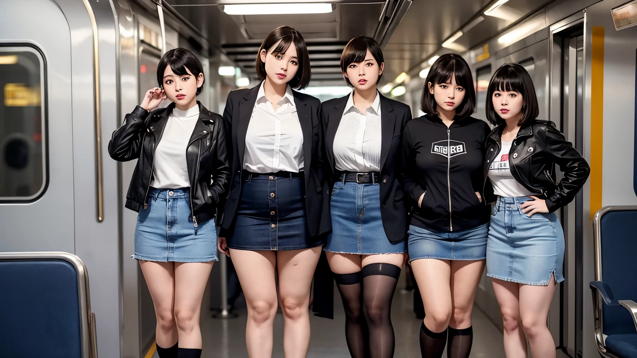 girl、tall、Denim skirt、Short skirt、Black knee socks、Plump 、train、short hair、Thick legs、Big Breasts、Show the whole body、Black jacket