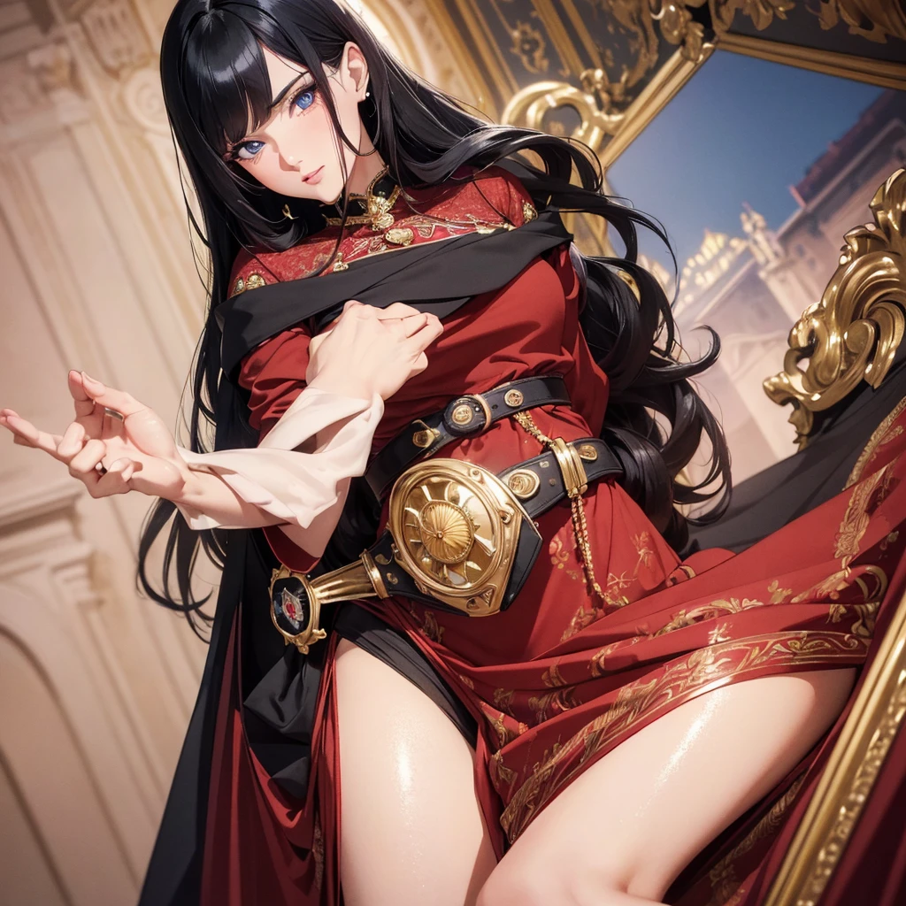 masterpiece, Highest quality, One girl, alone, pantyhose, ((mini skirt)), Black Hair, squat, Long Hair, gloves, Purple eyes, White Background, Cape, belt, (白のgloves), View your viewers, red Cape, Simple Background,, Black footwear, bangs, pantyhose, whole body, hair ornaments, collar, chest, black pantyhose, Long sleeve, Jacket, uniform, Epaulettes, boots, Spread your legs, Open your mouth, (masterpiece、Highest quality、Super Fine、High resolution、Genuine、Sharp focus))、Face Light、((And yet delicate and beautiful))Sexy figure、((大きなchest)),((Bright eyes)),chestの谷間を強調,((Spread your legs wide)),((Sexy Underwear)),Embarrassed,Watery eye,((Pull up your skirt)),nsfw:1.9,spread legs,(((Sweat)),((Pubic Area Showing)),,((Stick your butt out)),((Beautiful Eyes)),((Torn clothes)),((Nipples)),