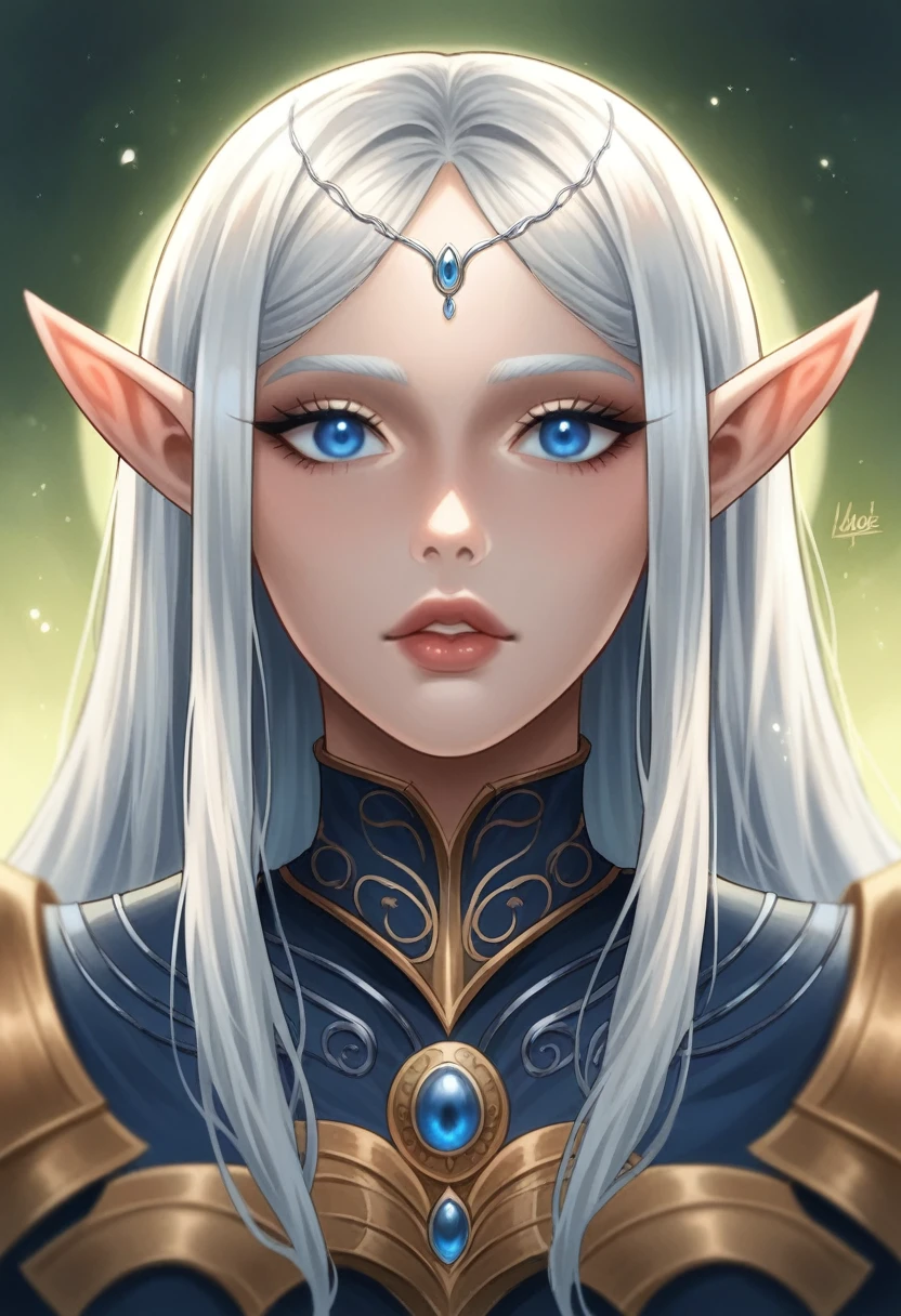 dark style, wlop style, Delicate face, Beautiful woman, Full lips, elf, 12th century, blue eyes, Lord of the Rings armor, white hair, Nearly perfect, Clean Delicate face, glowing shadow, beautiful gradient, Depth of Field, Clean Graphics, high quality, High Detail, HD, Luminous Studio graphics engine