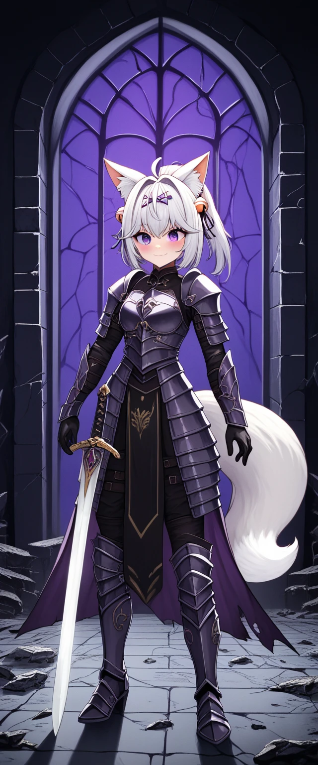 UHD, masterpiece, best quality, ((Night)), ((castle ruins)), ((battlefield)), ((destroyed empty throne)), ((destroyed walls)), broken glass, broken window, messy background, scary background, dramatic lighting, moody atmosphere, scary atmosphere, 1girl, solo, ((pageant pose)), conservative pose, black female knight armor, very elegant armor, sword in front, sword stab in the ground, Filian, ((fox tail)), ((small cat ears)), white hair, short hair, long hair ponytail, ahoge, hairclip, hair bell, big round eyes, deep purple eyes, ((dark purple eyes)), blush, closed mouth, smile, black arm sleeve, black gloves, thick arms, holding big heavy sword sword, thick legs, black armor boots, Eye-Level Shot, full body shot, elegant pose, front view