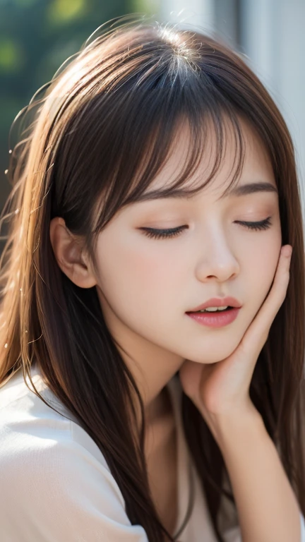 Highest quality,masterpiece,Ultra-high resolution,(Realistic:1.4),One girl,shoulder,Charm,Close ~ eyes、Open your mouth wide、Eat Frankfurt、Hands tied above head、High angle、camisole、Sauce on face