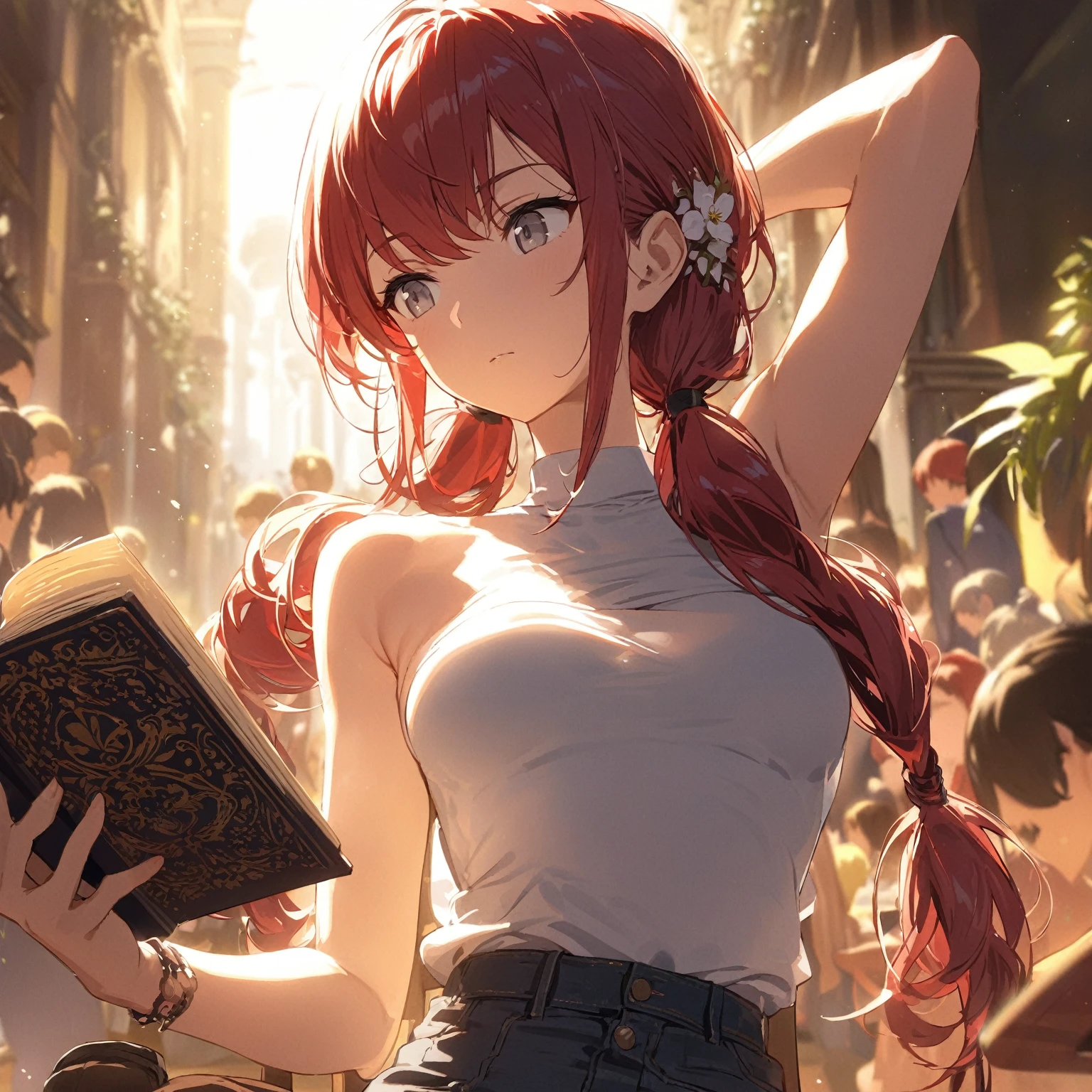 Highest Quality, masterpiece, light particles, gray eyes, red hair in low twin tails, swept bangs, stoic, looking at flowers, small breasts, toned arms, strapless white shirt, jeans, black boots, reading book, looking down at book in lap, sitting in chair, people in background, anime