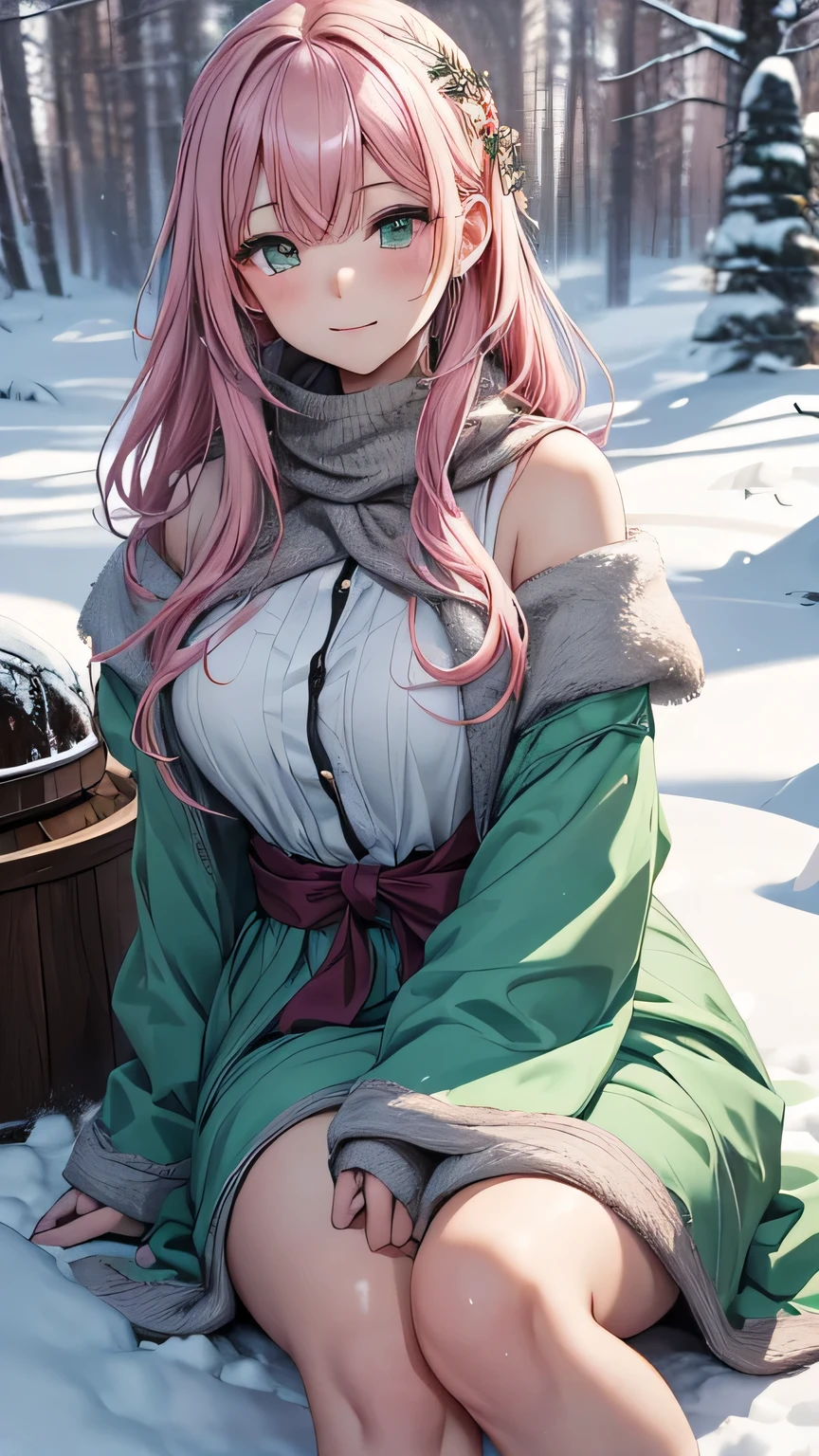Sakura Mizuki, an 18-year-old girl with waist-length pink hair and large jade green eyes, is sitting near a campfire in a snowy woodland setting. She is wearing a beautiful, flowing dress that stands out against the winter landscape, accentuating her and curvy frame. The dress's fabric glimmers softly in the firelight, highlighting intricate patterns and elegant design. The snow-covered trees and ground create a serene and picturesque backdrop, with the soft glow of the campfire casting warm, flickering light around her. The scene is tranquil and magical, capturing the beauty and quiet of the snowy woods.
