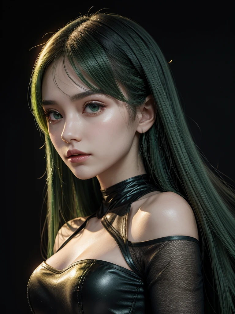Slim body Asian woman with big bust, long straight green hair, short dark dress with gold details, dark background without lighting, focused face, half body, portrait, looking to the camera