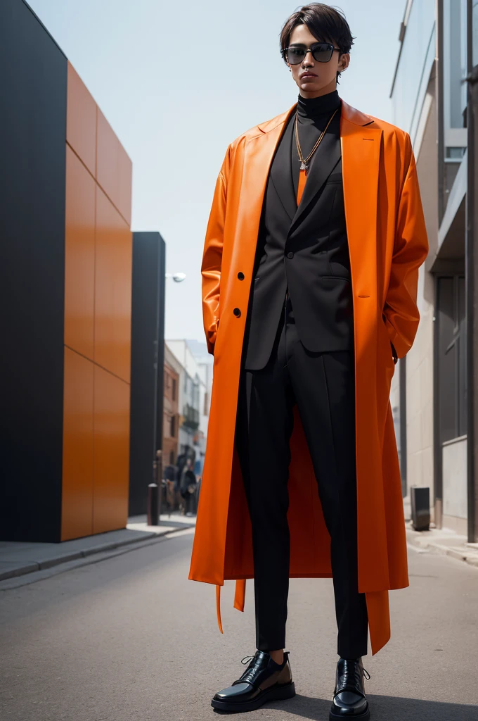 Futuristic silhouette of a guy wearing high-end fashion, the background is orange, the clothing is minimal, hyperrealistic scene, the guy is just slightly visible due to dark shadows, and he is wearing modern fashion frames.  --ar 16:9 --v 6.0