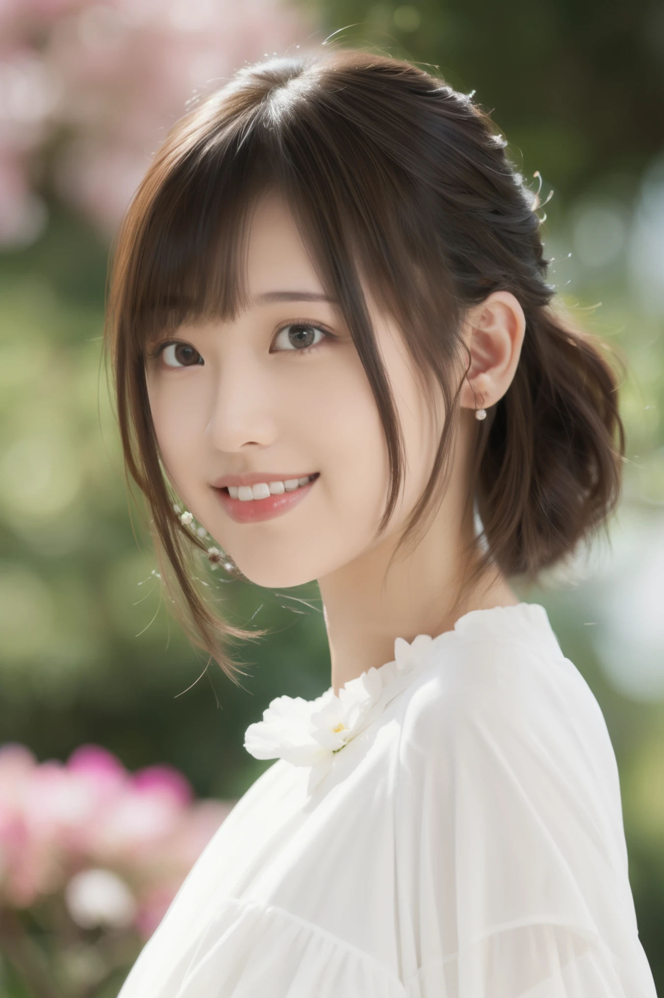 1girl,(RAW photo, best quality), (realistic, photo-realistic:1.4), masterpiece, an extremely delicate and beautiful, extremely detailed, 2k wallpaper, Amazing, finely detail, extremely detailed CG unity 8k wallpaper, ultra-detailed, highres, soft light, beautiful detailed girl, extremely detailed eyes and face, beautiful detailed nose, beautiful detailed eyes,cinematic lighting,perfect anatomy,
wearing a white avantgarde peplum dress,white skirt,(bokeh:1.2)
at a flower park,sakura flowers,flower garden,
 smile