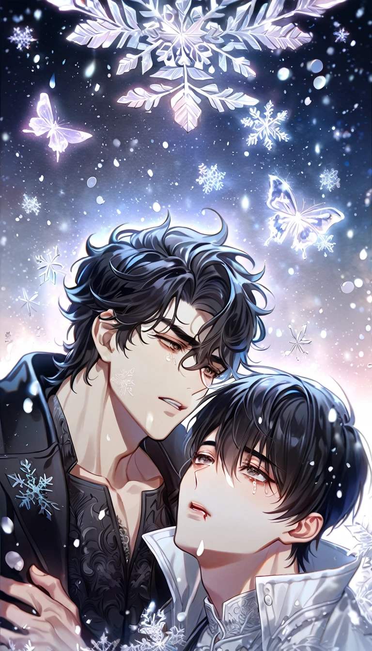 (absurdres, highres, ultra detailed, HDR) master piece, best quality, extremely detailed face, delicated features, Yoo Joonghyuk holding Kim Dokja in his arms, black hair, expressive brown eyes, Omniscient Reader's Viewpoint, two men together, yaoi, gay couple, dying, clothes stained with blood, sadness, tears, crying, black coat, white coat, snowing, snow, snowflakes, ice butterflies, night sky, magical, fantasy