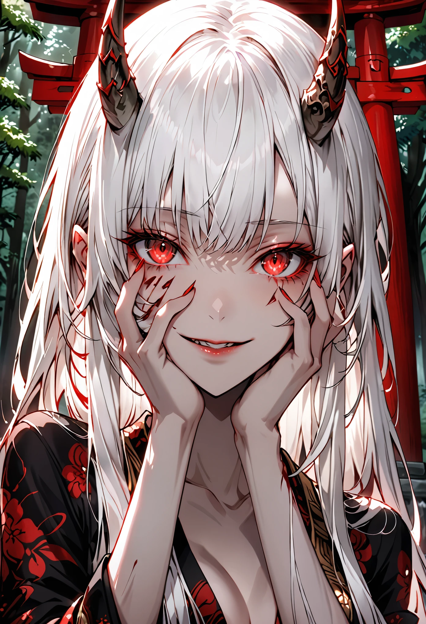 female, oni, flesh horns, dark luxurious kimono, white hair, long hair, small breasts, cleavage, red eyes, forest, Japanese shrine, straight hair, feminine, close up, yandere smile, hands to face, insane