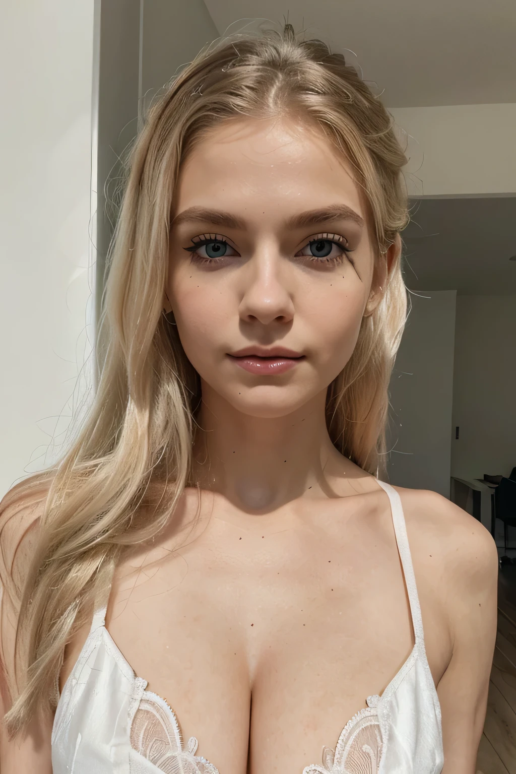 20 years old, european, Long platinum blonde hair, clear blue eyes, deep look, measures 120-60-60, ((best qualityer, 8k, work of art: 1.3)), whole body, Light focus: 1.2, Exceptional beauty style: 1.4, Skinny abs: 1.2, ((hair blonde)), (natta, open air: 1.1), Highly detailed skin and face texture, detailedeyes, Double eyelids, professional portrait, White hair, black gown, SHARP JAW, small-nose, black eyeliner, pale skin, shy smile, Medium breasts, Sharp nose, Beauty face, Busty lips, Blonde hair, Fluffy hair, Messy hair, Film grain, Warm light, Portrait, Sport Bra, Leggins, Mountains