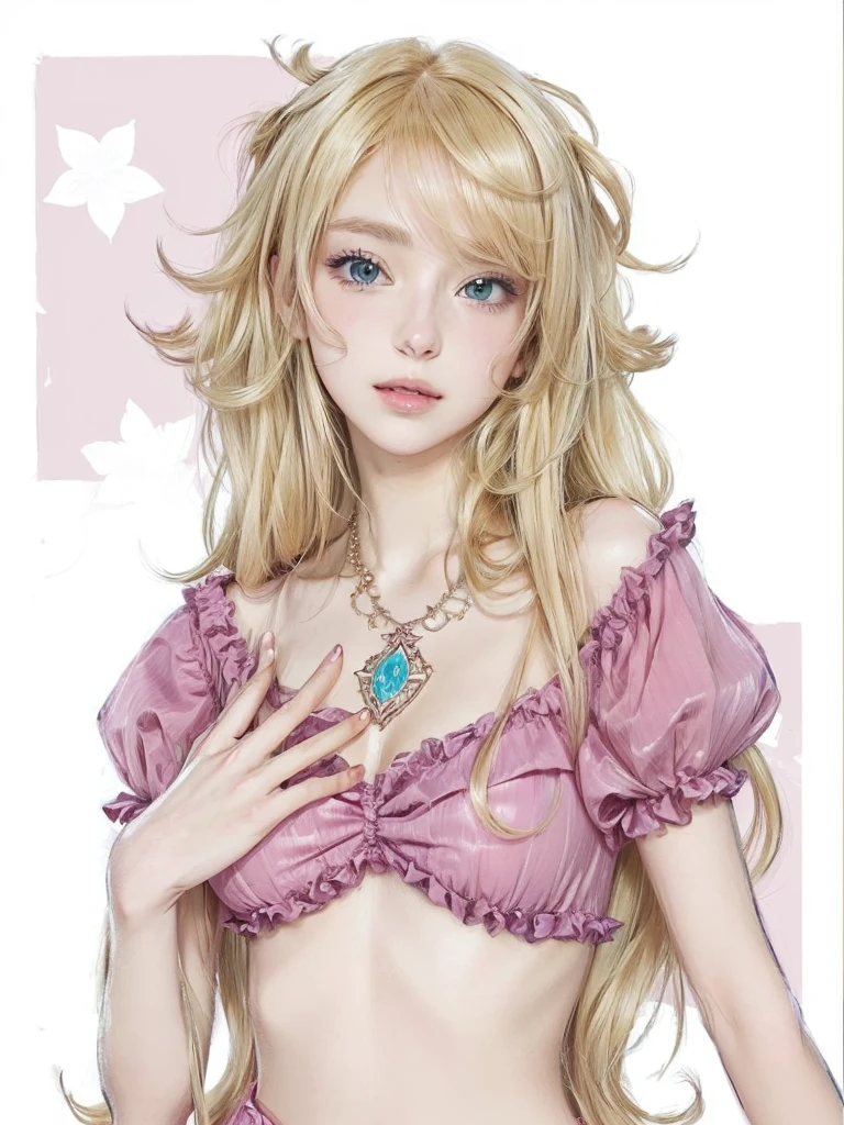 a drawing of a woman in a pink dress and a necklace, Princess de pelo rubio, blonde anime girl with long hair, Princess &#39;music&#39; musicdagash, Princess anime,  in dress, ruffled dress ((Harapiento)), neferpitou, seductive anime girl, anime girl named lucy, cartoon character, beautiful and seductive anime woman