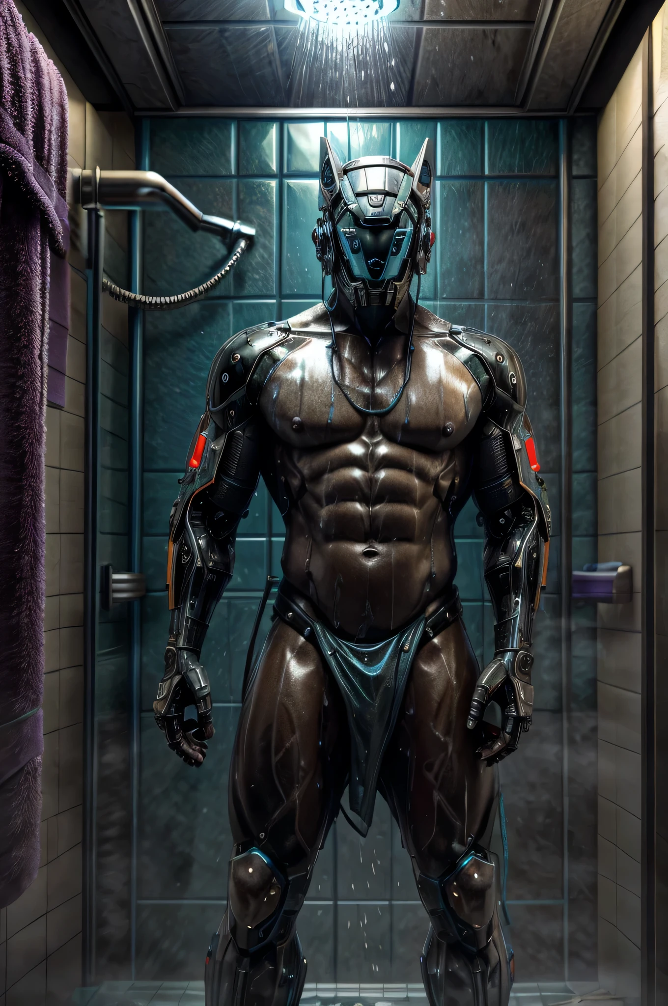 male, (muscular, full nude, only Glowing cyberpunk future helmet,) realistic, shower room, take a shower