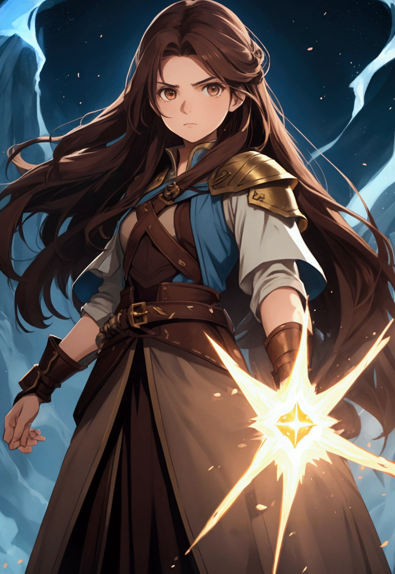 full portrait, simple female wizard, long brown hair, battle hardened, calmly standing, early 20s, brown eyes, plain and simple blue background, shining force style