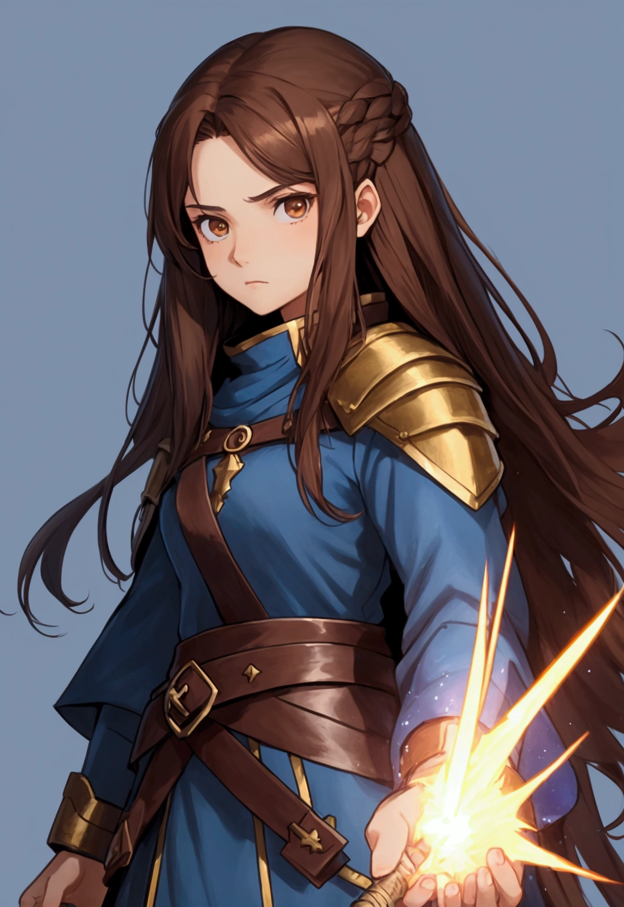full portrait, simple female wizard, long brown hair, battle hardened, calmly standing, early 20s, brown eyes, plain and simple blue background, shining force style