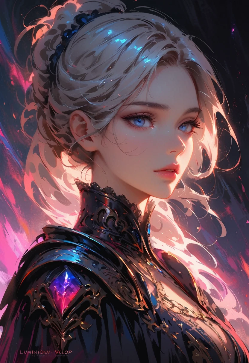 dark style, sakimychan style, Wlop style, portrait, Delicate face, long ears, Beautiful woman, Full lips, elf, 12th century, blue eyes, Briot, Lord of the Rings armor, white hair, Nearly perfect, Beautiful anime style, Clean Delicate face, glowing shadow, beautiful gradient, Depth of Field, Clean Graphics, high quality, High Detail, HD, Luminous Studio graphics engine