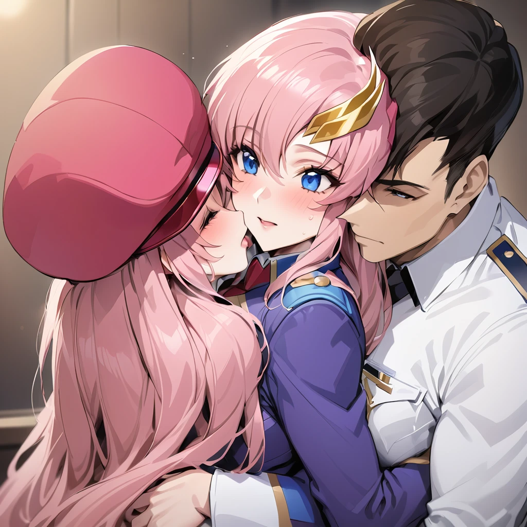 ((Highest quality)), ((masterpiece)), (detailed), (Perfect Face)、Gundam SEED、The woman is Lacus Clyne, with blue eyes, pink medium-long hair and a hair accessory.、The woman is a senior female officer of the Allied forces, wearing an Allied military uniform and cap.、A woman is hugging and kissing a male officer