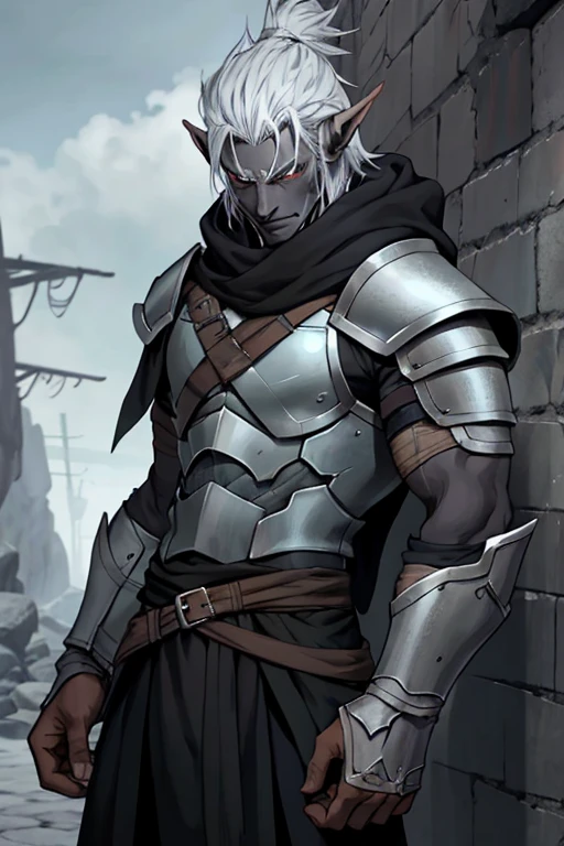 1 man DARK Elf gray skin tone, with pointy ears ROGUE ARMOR covering the entire body in RPG world style