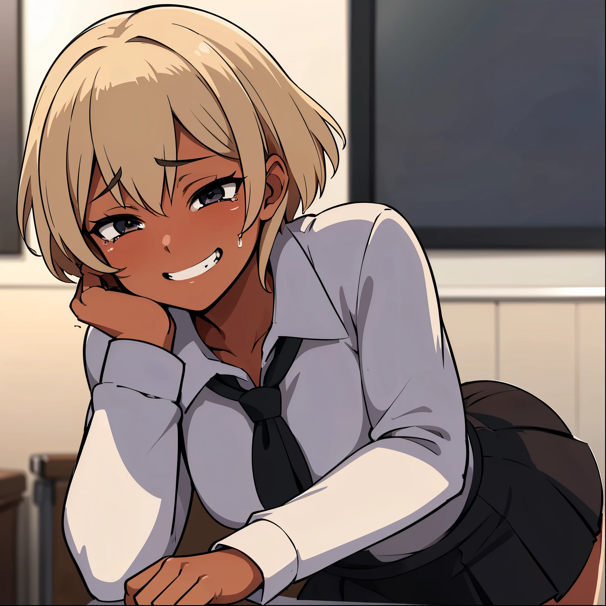 top quality, masterpiece, ultra high resolution, image of an anime girl with short blonde hair and well detailed black eyes tanned body and dark skin she is in a classroom and she is wearing a very tight  uniform and has a very short skirt she is blushing and is smiling while crying 