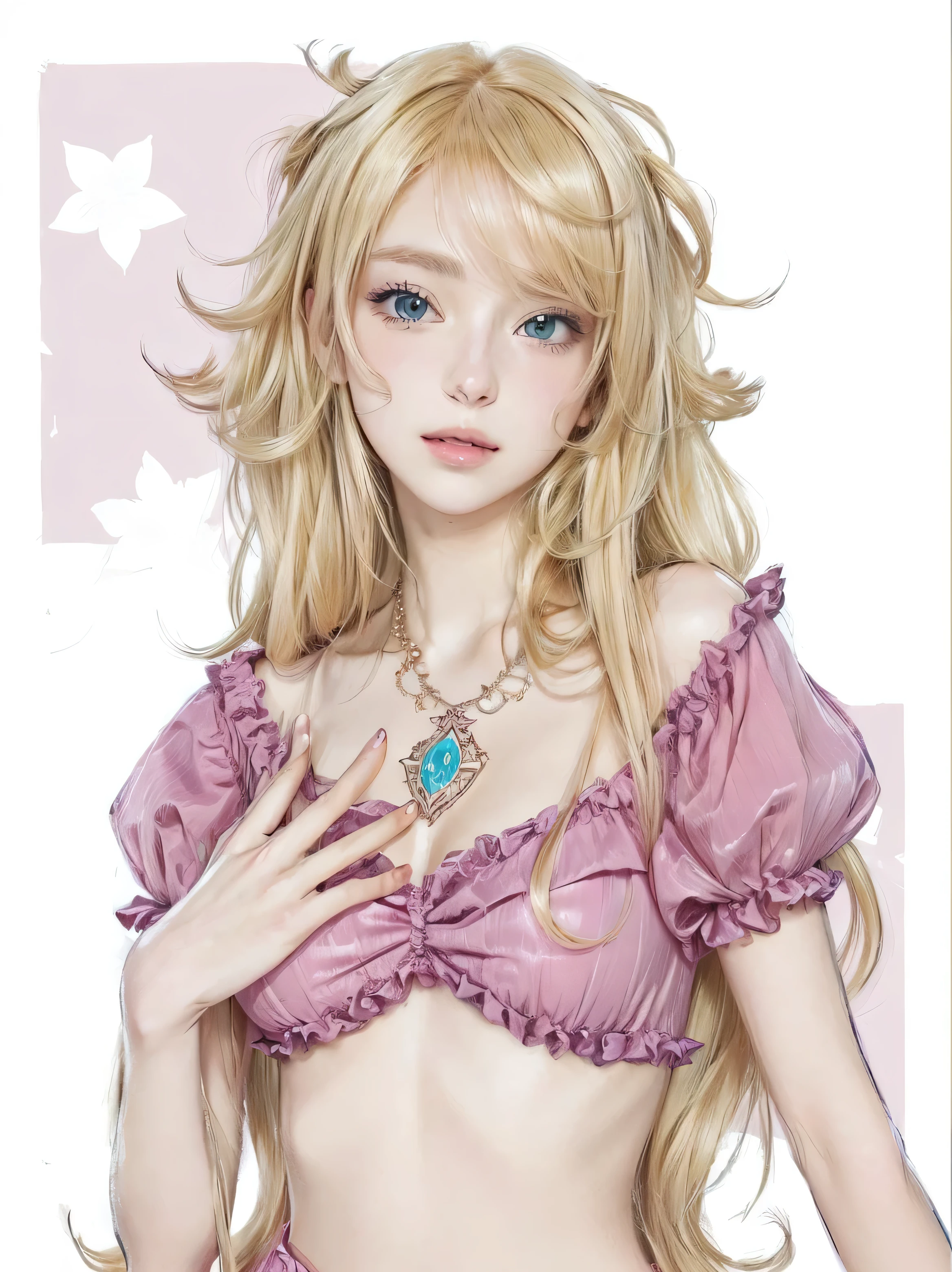a drawing of a woman in a pink dress and a necklace, Princess de pelo rubio, blonde anime girl with long hair, Princess 'music' musicdagash, Princess anime, in dress, ruffled dress ((Harapiento)), neferpitou, seductive anime girl, anime girl named lucy, cartoon character, beautiful and seductive anime woman
