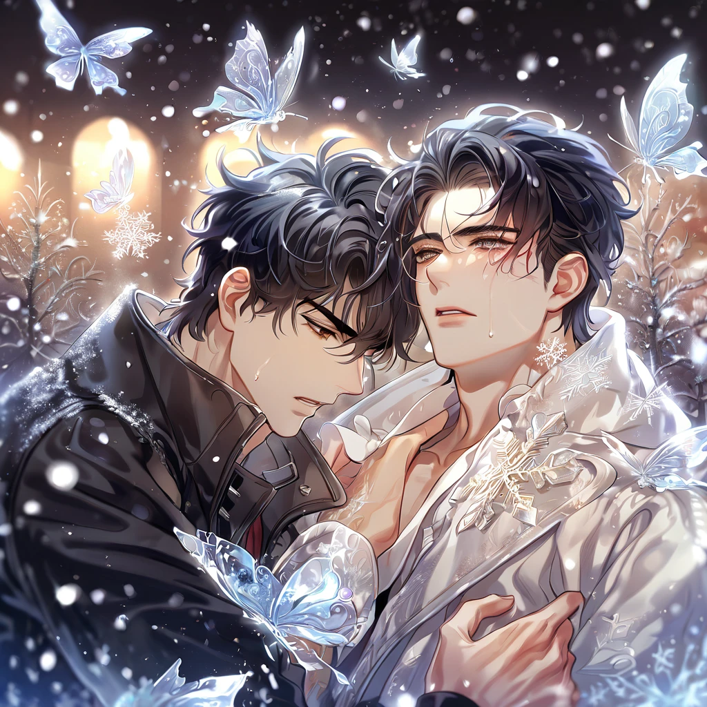 (absurdres, highres, ultra detailed, HDR) master piece, best quality, extremely detailed face, delicated features, Yoo Joonghyuk holding Kim Dokja in his arms, black hair, expressive brown eyes, Omniscient Reader's Viewpoint, two men together, yaoi, gay couple, dying, clothes stained with blood, sadness, tears, crying, black coat, white coat, snowing, snow, snowflakes, ice butterflies, night sky, magical, fantasy