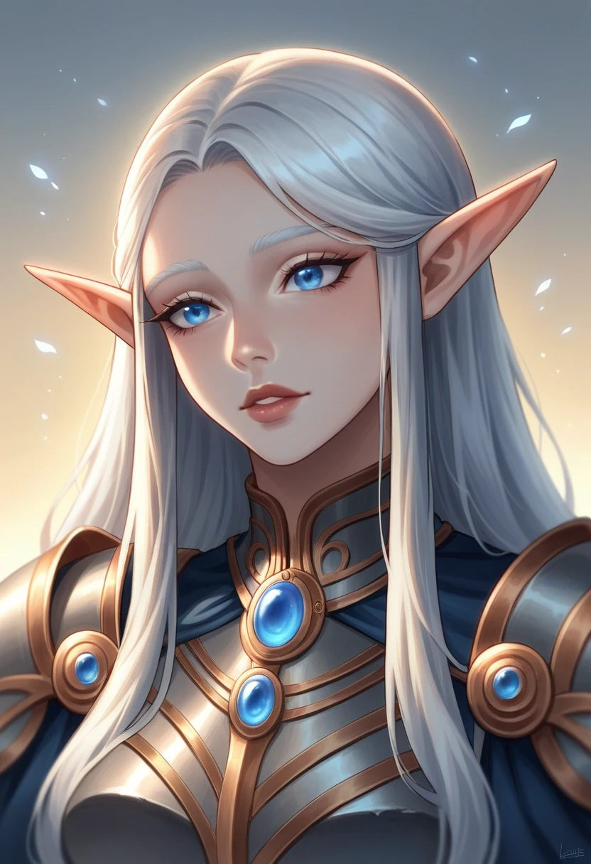 dark style, sakimychan style, Wlop style, portrait, Delicate face, elf, Beautiful woman, Full lips, elf, 12th century, blue eyes, Briot, Lord of the Rings armor, white hair, Nearly perfect, Beautiful anime style, Clean Delicate face, glowing shadow, beautiful gradient, Depth of Field, Clean Graphics, high quality, High Detail, HD, Luminous Studio graphics engine