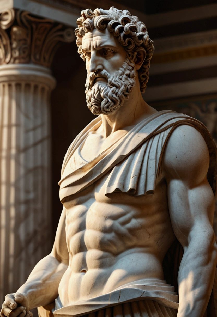 a highly detailed ancient greek statue, (best quality,4k,8k,highres,masterpiece:1.2),ultra-detailed,(realistic,photorealistic,photo-realistic:1.37),marble sculpture, classical antiquity, intricate chisel marks, chiaroscuro lighting, dramatic shadows, warm color palette, ancient greek architecture background, ornate pedestal