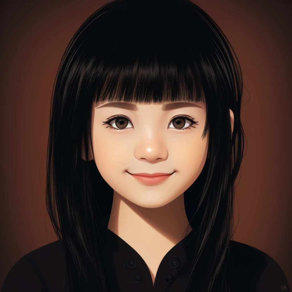 beautiful detailed eyes, beautiful detailed lips, extremely detailed eyes and face, long eyelashes, 1 girl, solo, smile, head shot, simple background, black hair, illustration, digital painting, (best quality,4k,8k,highres,masterpiece:1.2),ultra-detailed,(realistic,photorealistic,photo-realistic:1.37),vivid colors,warm lighting