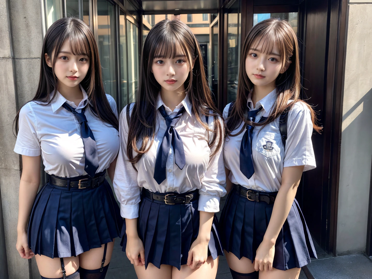 (8K, Raw photography, top-quality, masterpiece:1.2), master piece, best quality, illustration, Super detailed, fine details, High resolution, 8K,wall paper, perfect dynamic composition,(Details High quality, realistic depiction of eyes:1.3), ((2 girls, 2 schoolgirls)), The background is a luxury hotel room、High school girl uniform、Super Short Check Uniform Skirt、Navy blue high socks、garterbelts、Colossal tits、Disturbed uniform, Play with each other,Touching each other's bodies,Touching the body of the girl next door, short bob hair, black hair color, huge breasts, Big Natural Color Lip, bold sexy pose, (perfect body shape), crying a little、cold gaze, Beautiful makeup,glitter makeup,Cutest 18 years old, beautiful legs, hposing Gravure Idol, Voluptuous thighs