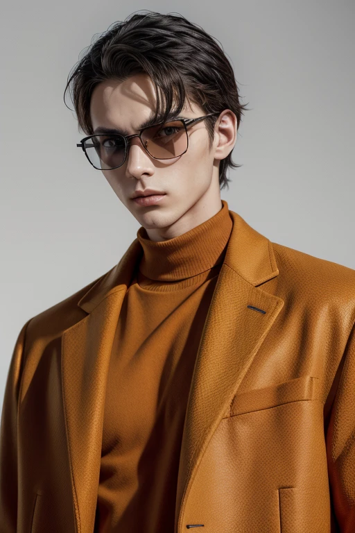 Futuristic silhouette of a guy wearing high-end fashion, the background is orange, the clothing is minimal, hyperrealistic scene, the guy is just slightly visible due to dark shadows, and he is wearing modern fashion frames. --ar 16:9 --v 6.0