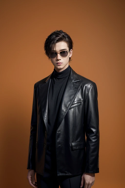 Futuristic silhouette of a guy wearing high-end fashion, the background is orange, the clothing is minimal, hyperrealistic scene, the guy is just slightly visible due to dark shadows, and he is wearing modern fashion frames.  --ar 16:9 --v 6.0