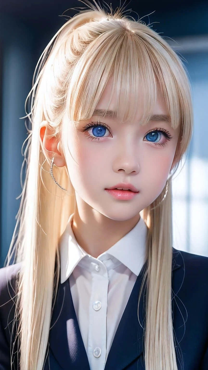 Portrait、School uniforms、Bright expression、ponytail、Young shiny glossy white glossy skin、Great looks、Blonde reflection、Platinum blonde hair with highlights、Shiny bright hair,、Smooth, super long, straight hair、Shiny beautiful bangs、Sparkling, crystal clear, attractive big blue eyes、Very beautiful, lovely and cute 16 year old girl、Ample Bust