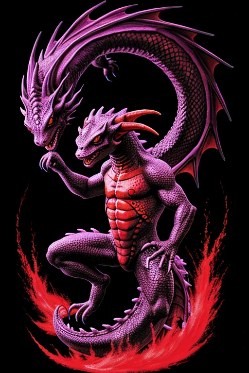 dragon spirit monster, salamander, with purple colors, red and black and anime style