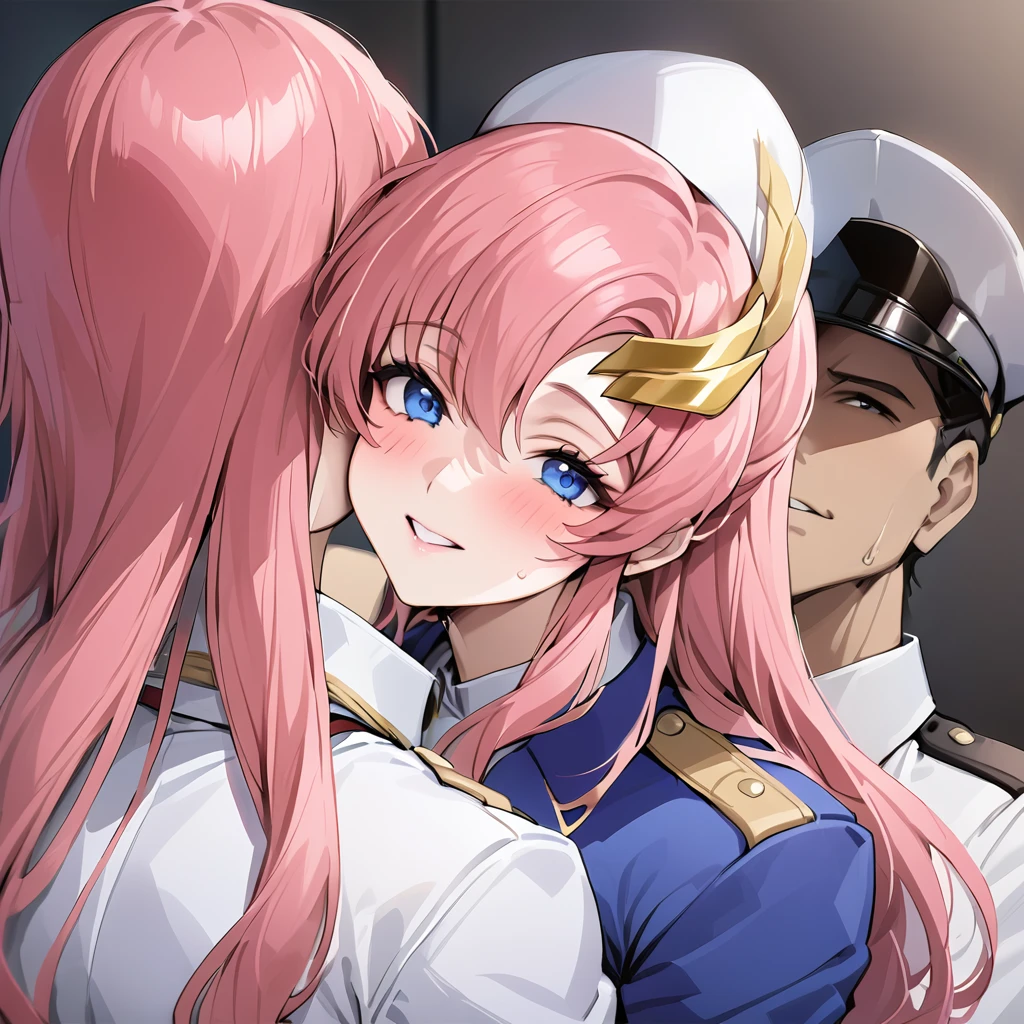 ((Highest quality)), ((masterpiece)), (detailed), （Perfect Face）、Gundam SEED、The woman is Lacus Clyne, with blue eyes, pink medium-long hair and a hair accessory.、The woman is a senior female officer of the Allied forces, wearing a white uniform and a white military cap.、A woman is hugging and kissing a male officer