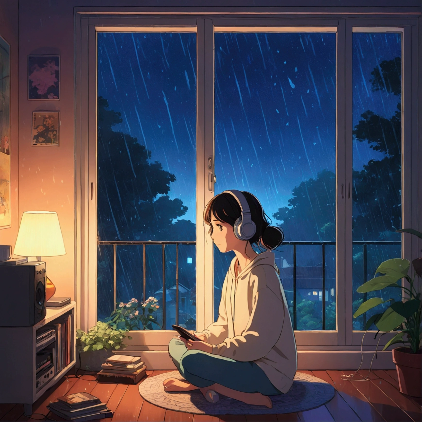 night、Girl listening to music in a cozy room, Use headphones, 2D Style Anime, Lo-Fi, Rain outside the window、Analog Color Theme、Ghibli style、