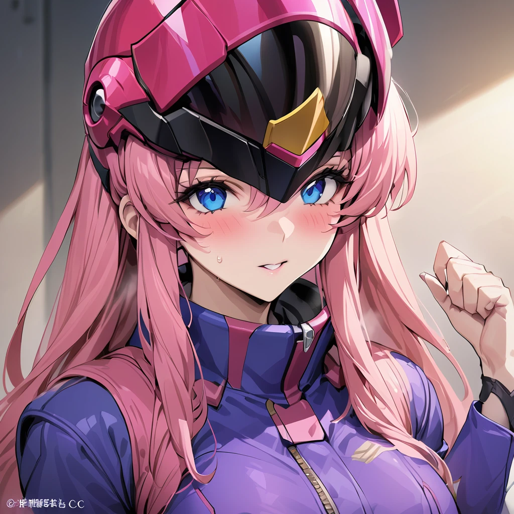 ((Highest quality)), ((masterpiece)), (detailed), （Perfect Face）、Gundam SEED with the pilot wearing a full-face helmet、The woman is Lacus Clyne, with blue eyes, pink medium-long hair and a hair accessory.、The woman is a female officer of the Allied Forces, wearing an Allied mobile suit pilot suit and a full-face pilot helmet.