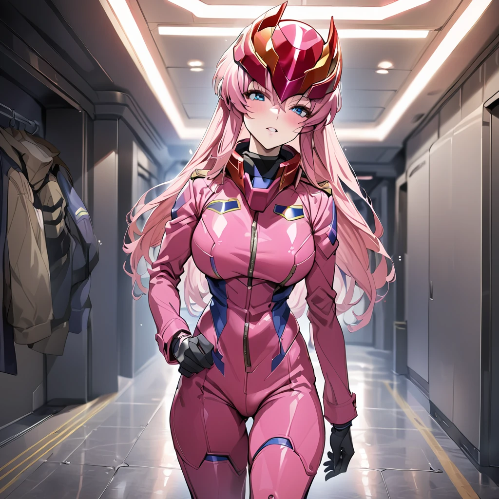 ((Highest quality)), ((masterpiece)), (detailed), （Perfect Face）、Gundam SEED with the pilot wearing a full-face helmet、The woman is Lacus Clyne, with blue eyes, pink medium-long hair and a hair accessory.、The woman is a female officer of the Allied Forces, wearing an Allied mobile suit pilot suit and a full-face pilot helmet.