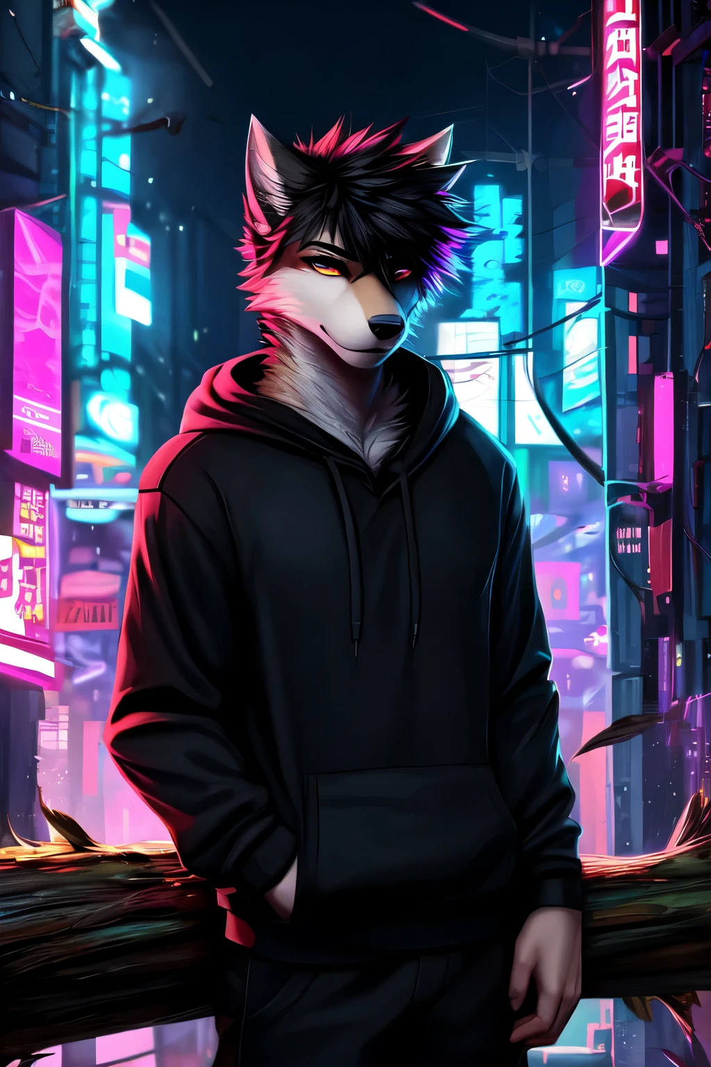 author：angiewolf, Log, pure, anthropology, male, Solitary, clothing, fur, 2022, black clothing, hoodie, Black top, There are eyelids, black hoodie, Cyberpunk city background
