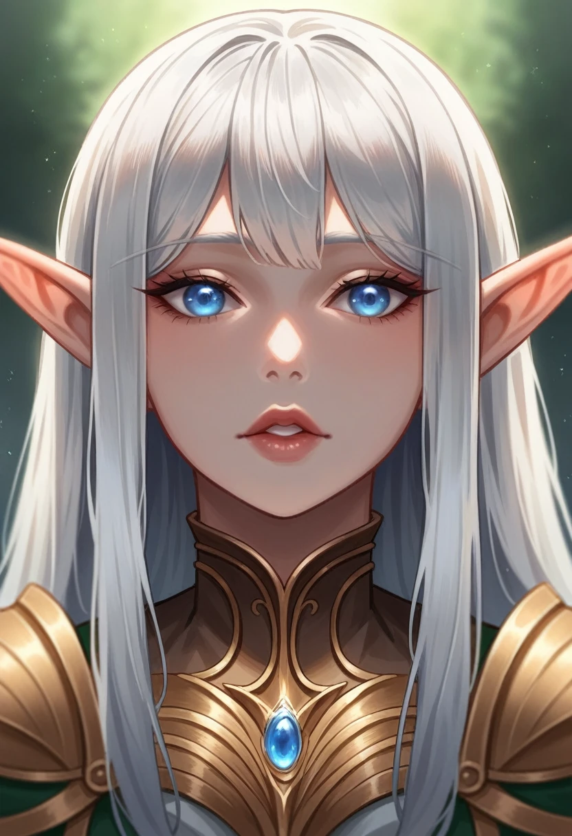 dark style, sakimychan style, Wlop style, portrait, Delicate face, elf, Beautiful woman, Full lips, elf, 12th century, blue eyes, Briot, Lord of the Rings armor, white hair, Nearly perfect, Beautiful anime style, Clean Delicate face, glowing shadow, beautiful gradient, Depth of Field, Clean Graphics, high quality, High Detail, HD, Luminous Studio graphics engine