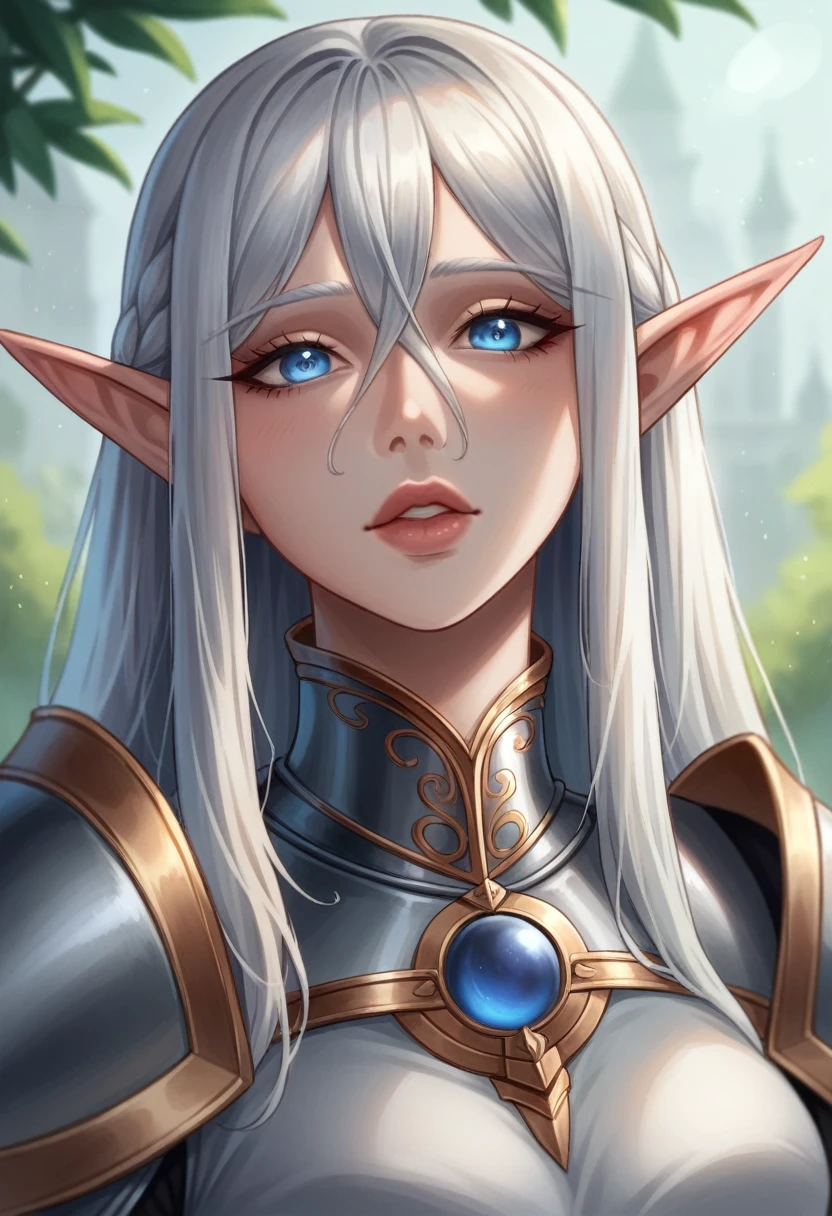 dark style, sakimychan style, Wlop style, portrait, Delicate face, elf, Beautiful woman, Full lips, elf, 12th century, blue eyes, Briot, Lord of the Rings armor, white hair, Nearly perfect, Beautiful anime style, Clean Delicate face, glowing shadow, beautiful gradient, Depth of Field, Clean Graphics, high quality, High Detail, HD, Luminous Studio graphics engine