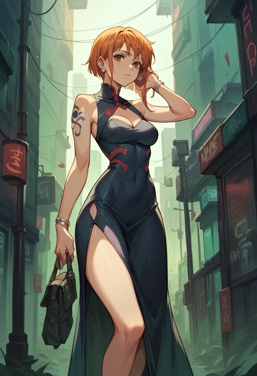 nami in black cyberpunk dress