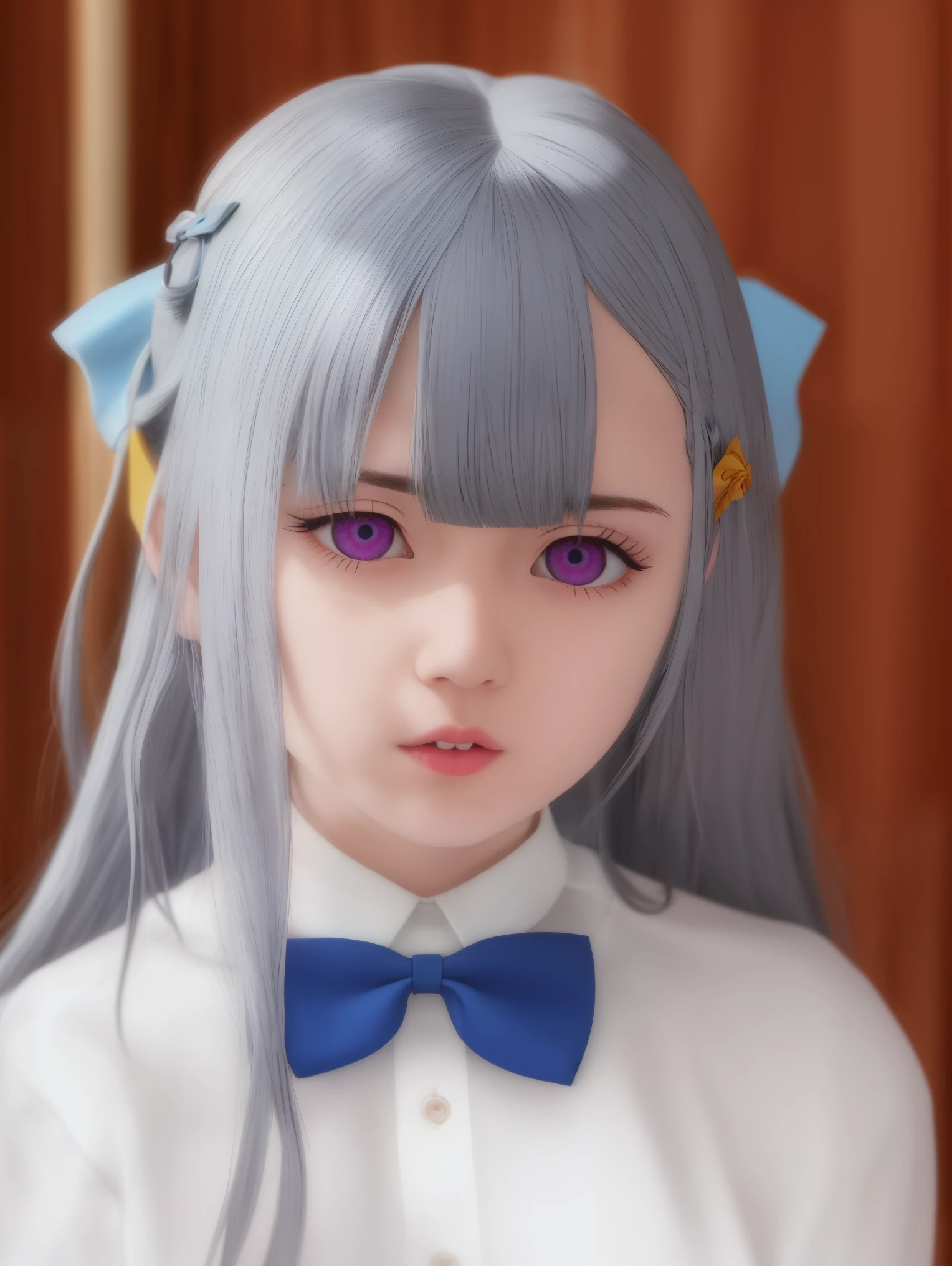 best quality, masterpiece, highres, solo, {euphyllia_magenta_tenseioujototensaireijounomahoukakumei:1.15}, purple_eyes, long_hair, bangs, grey_hair, braid, bow, blurry, hair_bow, hair_ornament, 1girl, open_mouth, yellow_bow, blue_bow, white_hair, blurry_background, bowtie, parody, portrait, hair_between_eyes, parted_lips, upper_body