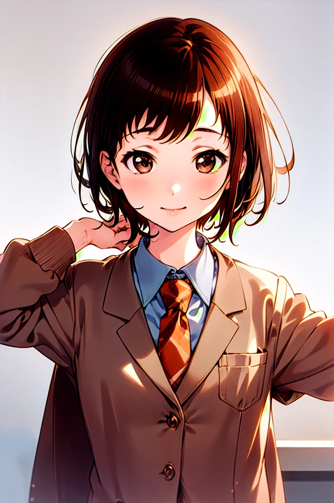 (masterpiece, best quality:1.2), simple background, white background, (pov hands:1.2),
pov, solo focus, upper body, 1girl, hand on another's cheek, light smile,
hazawa tsugumi, brown hair, brown eyes, short hair, necktie, (grey jacket:1.2),brown necktie, white shirt, striped necktie,