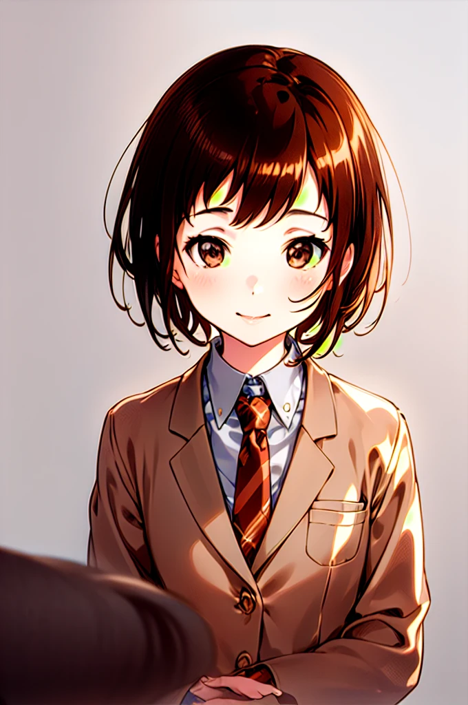 (masterpiece, best quality:1.2), simple background, white background, (pov hands:1.2),
pov, solo focus, upper body, 1girl, hand on another's cheek, light smile,
hazawa tsugumi, brown hair, brown eyes, short hair, necktie, (grey jacket:1.2),brown necktie, white shirt, striped necktie,