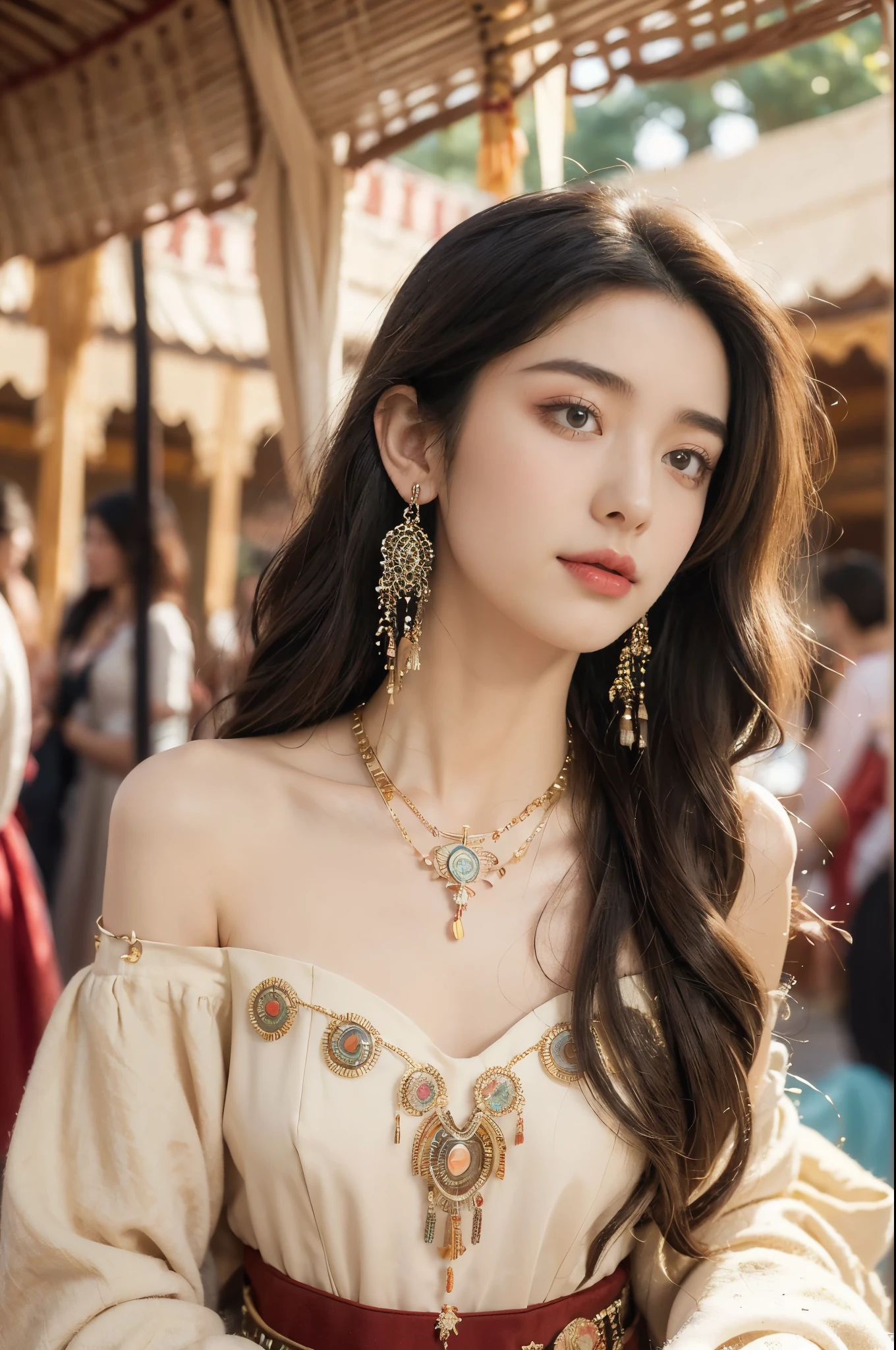 (((best quality))),(((ultra detailed))),(((masterpiece))),illustration,((1 beautiful girl,female Gypsy dancer,solo)),(shoulder length wavy hair:1.2),((slim,thin)),((small breasts,flat chest)),(detailed eyes:1.3),(Bohemian style ethnic outfit:1.3),(patchwork skirt:1.2),intricate beadwork,red top,((earrings,coin and shell necklace)),mystery,charm,Notre-Dame Cathedral,ancient Paris,summer morning,traditional attire,vendors,fruits,handcrafted objects,pastries,bakeries,spire,Gothic architecture,sunlight,ethereal glow,busy cityscape,out of place,free spirit,creativity,lost in thoughts,dreams,possibilities,bygone era,snapshot,essence,magic of summer,(surrounded by crowded crowds:1.3),((from front,upper body))