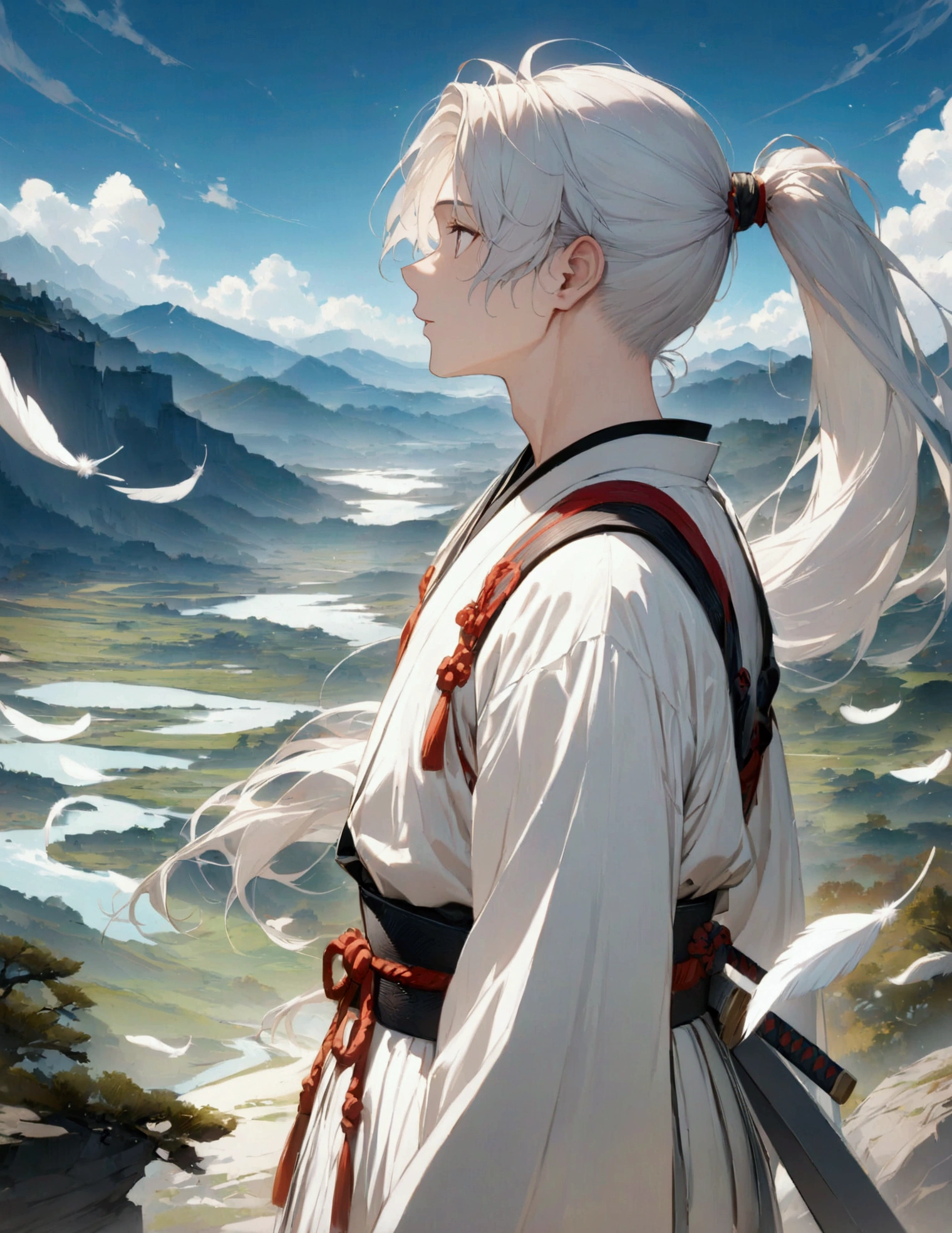 (masterpiece:1.3),(最high quality:1.4),(Very detailedな:1.5),High resolution,Very detailed,8k,artwork,High level of detail,rendering,high quality,Wide range of colors,A fantastical white space where countless white feathers fall,Vivid light,((One Anime Guy))、(profile,Landscape),Cool handsome guy,Swordsman、(White Hair)、Long hair that reaches down to the waist is tied in a single ponytail、White Hakama、白いSwordsmanの服装、((samurai)),There's a sword on his waist、Looking up with a blank look。